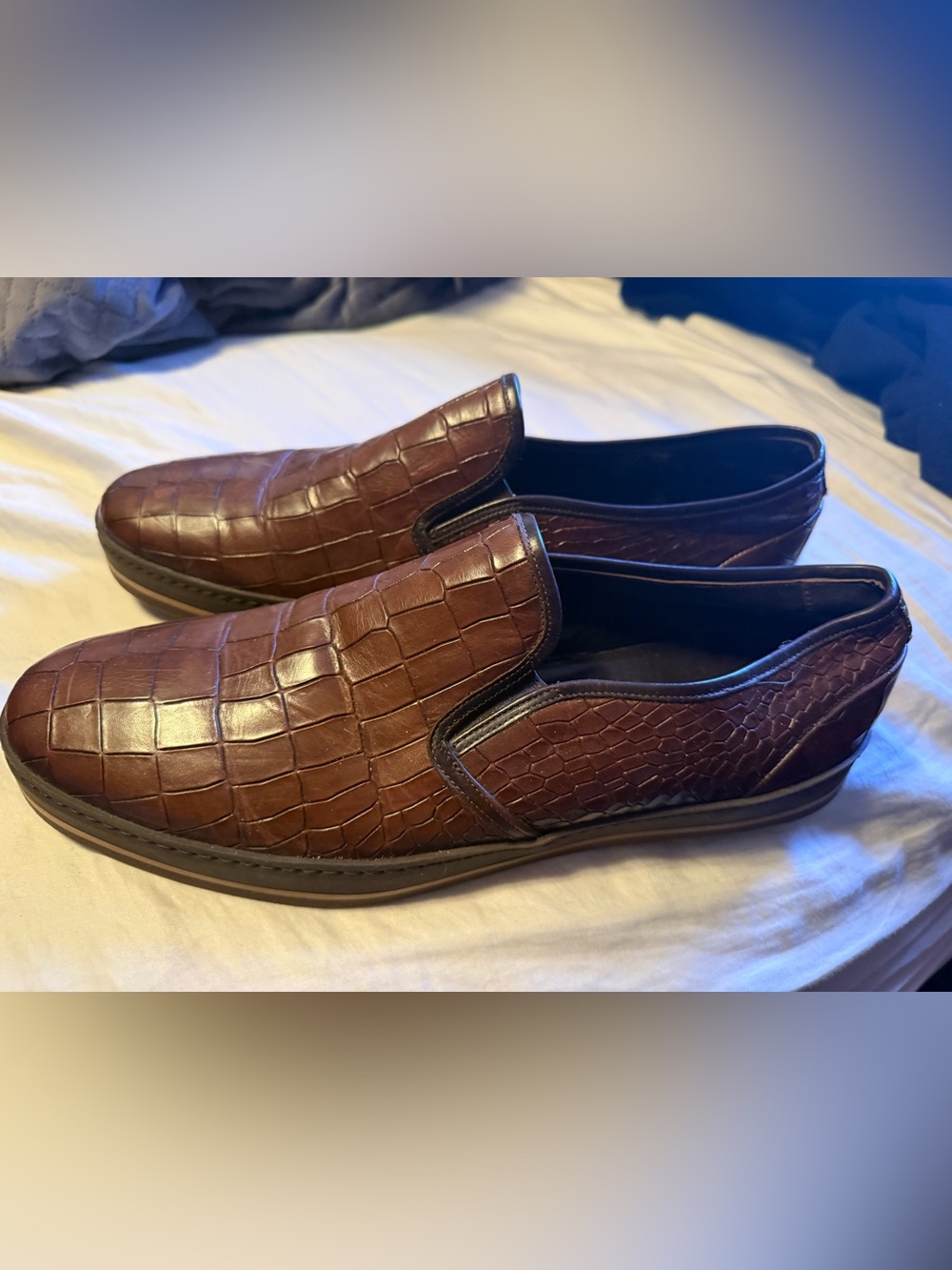 BALDININI Italy Men’s 43 Brown Croc Embossed Leather Luxury Slip On Sneakers